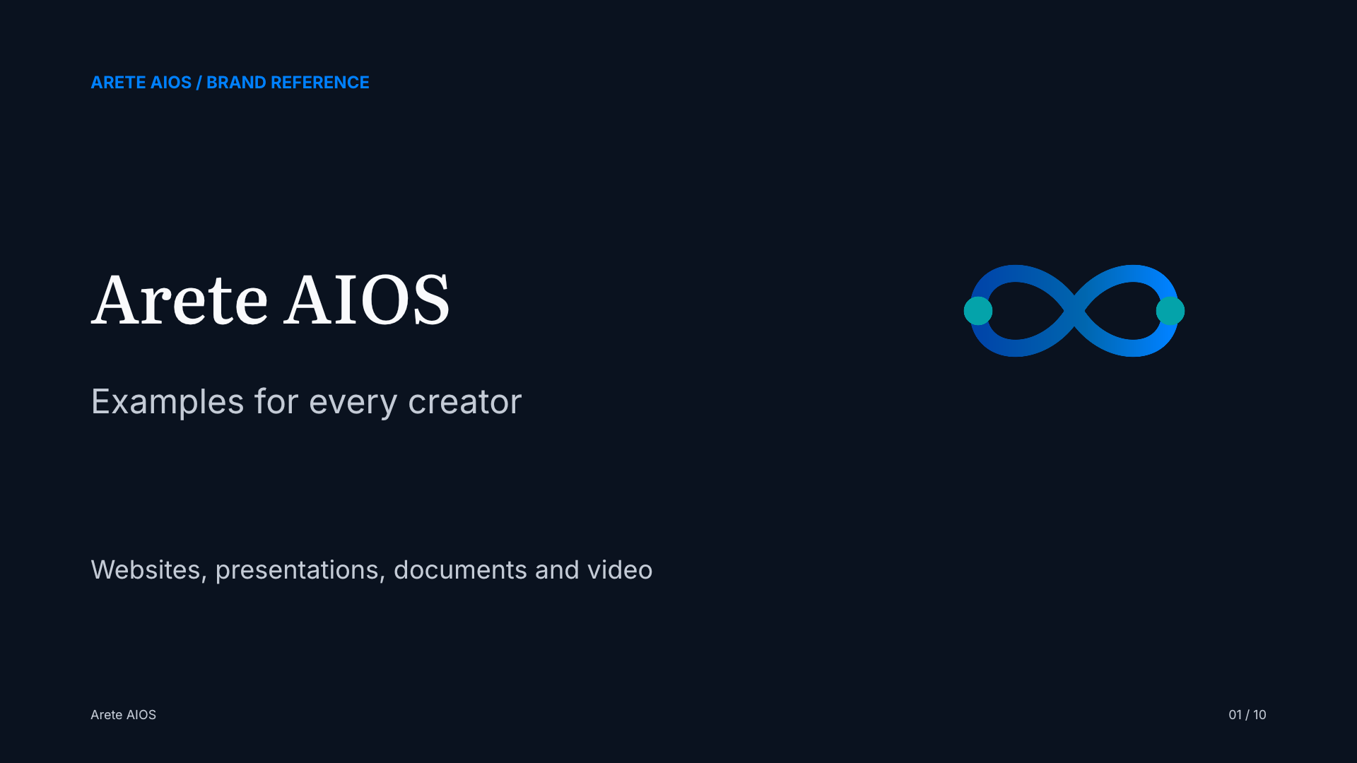 Cover of the ten-slide Arete AIOS brand reference presentation