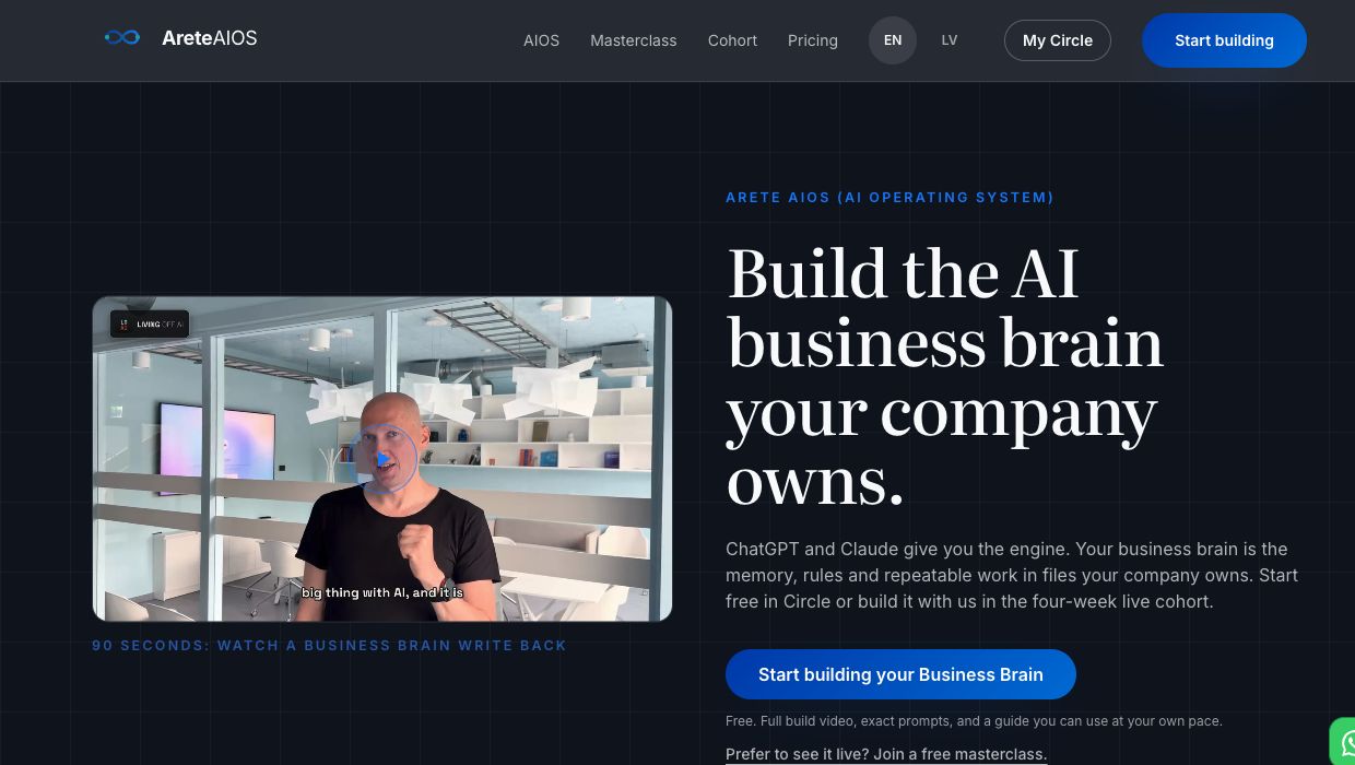 The Arete AIOS website with its dark hero, serif heading, blue button and original logo